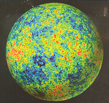 CBR temperature variations in part of an all-sky projection covering the observed Universe; red is relatively warmer, with highest end of scale being 200 microKelvins above the average; blue cooler, at - 200microK.